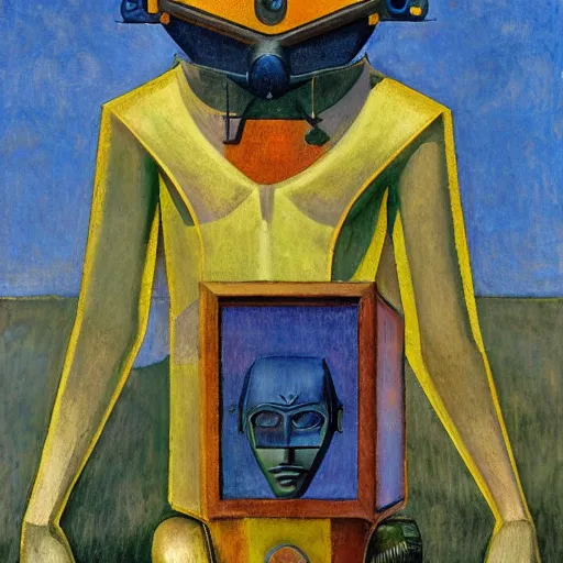 Image similar to the crow in her robot mask stands on the lawn, by annie swynnerton and kit williams and diego rivera and leo and diane dillon and nicholas roerich, symbolist, dramatic lighting, elaborate geometric ornament, art brut, god rays, soft cool colors, smooth, sharp focus, extremely detailed, adolf wolfli