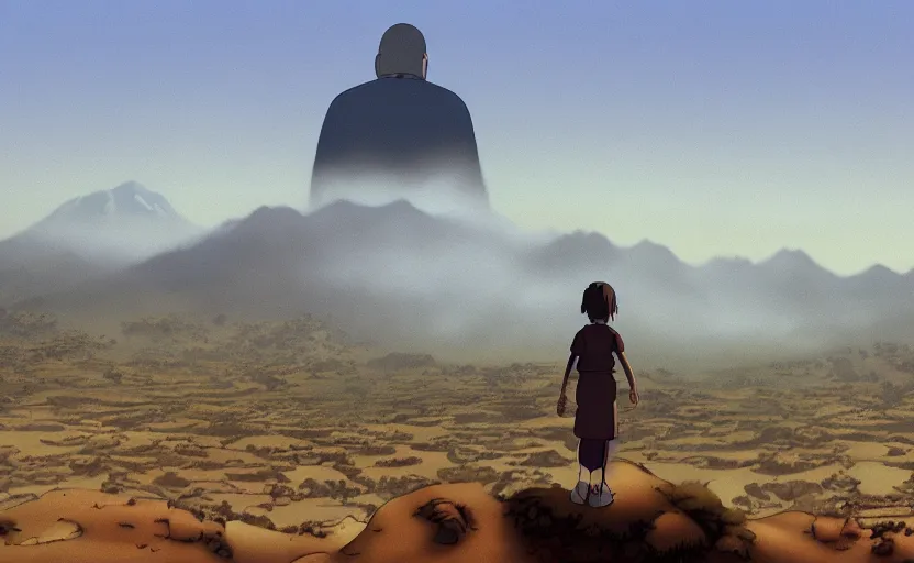 Prompt: a movie still from a studio ghibli movie showing a highly detailed landscape with a giant living buddha statue walking through a valley in the desert. misty, depth perception, 4 k