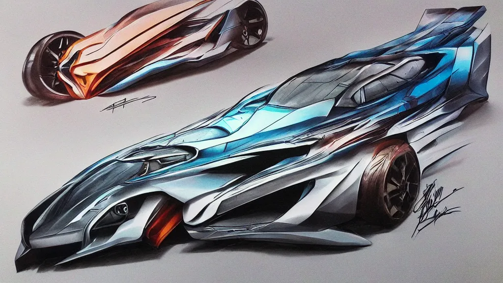 Image similar to modern, automotive design rendering, airbrush, markers, concept car, futuristic, aggressive styling, on ancient paper