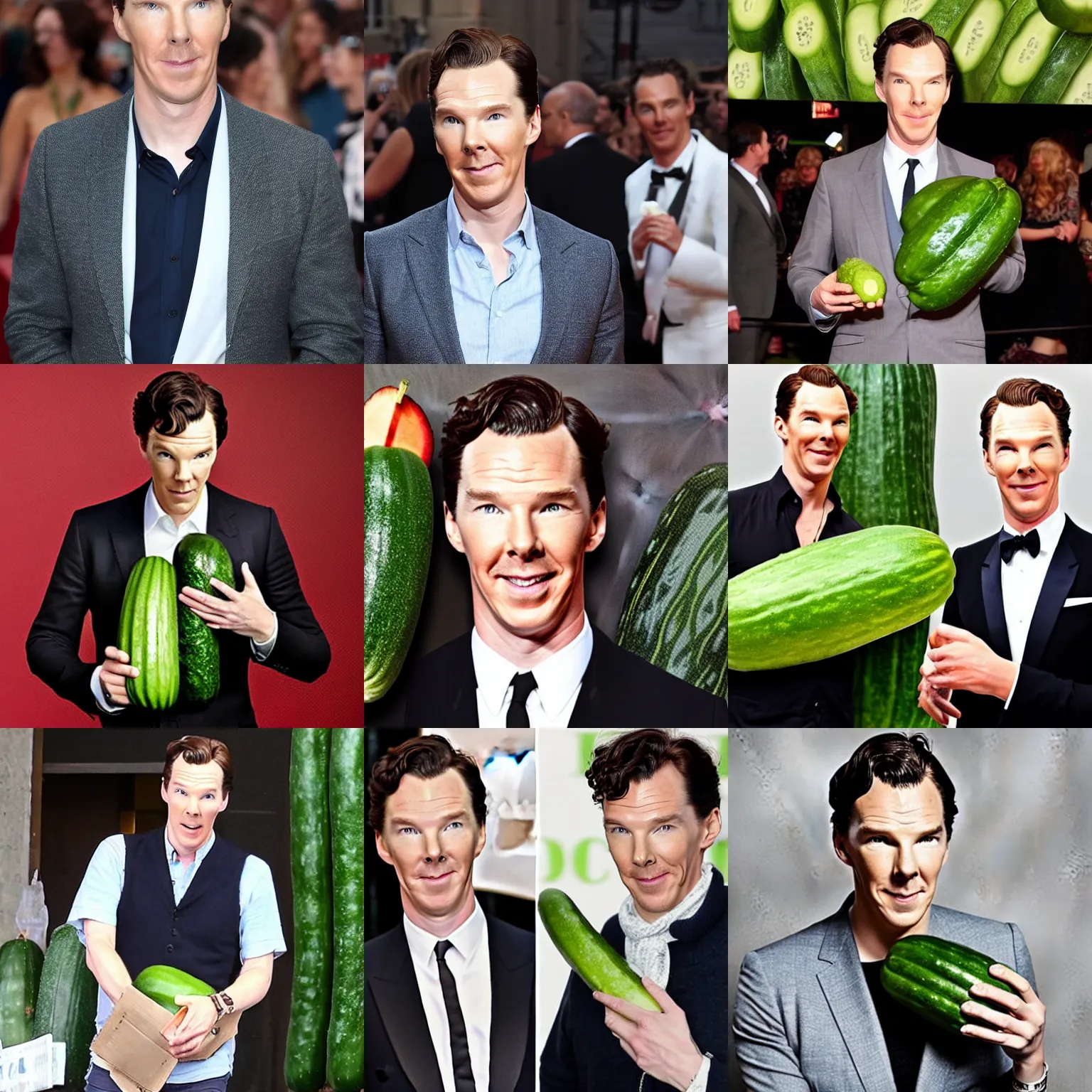 Prompt: benedict cumberbatch with a big cucumber in the back