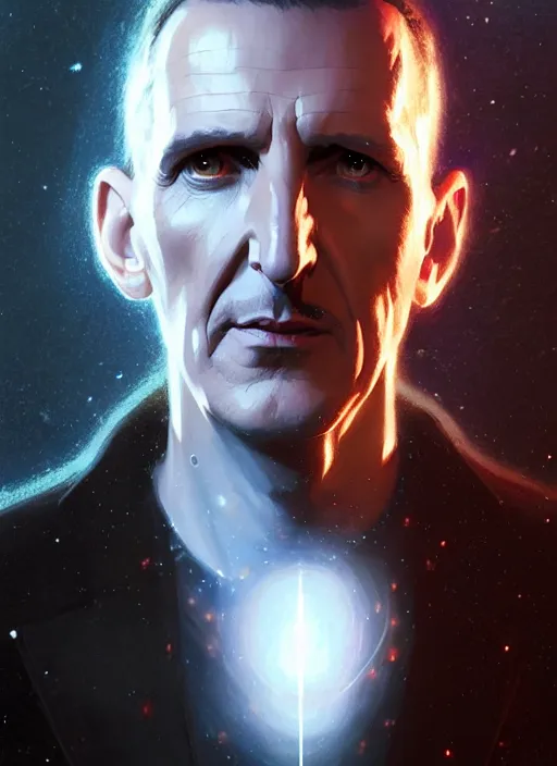 Image similar to portrait of the ninth doctor from doctor who, intricate, elegant, glowing lights, highly detailed, digital painting, artstation, concept art, smooth, sharp focus, illustration, art by wlop, mars ravelo and greg rutkowski