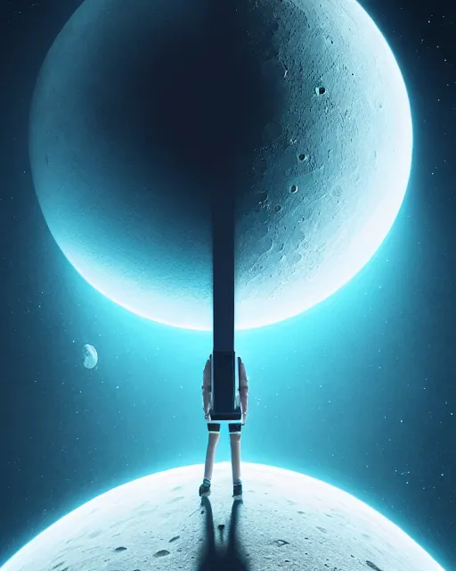 Image similar to a person standing in front of an open door that's on the moon, poster art by mike winkelmann, trending on cg society, space art, sci - fi, ue 5, futuristic, volumetric lighting