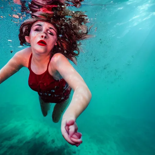 Prompt: medium shot of a teen with short brown hair completely underwater wearing a floral sundress, eyes closed, bright red lipstick, drowning, motion blur, long exposure, cinematic. Seed image is [3790640580, 3580780586, 658923803, 3389861569, 2223194009, 985530902]