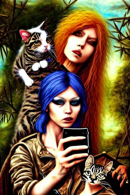 Image similar to punk rock girls making selfie with cats in jungle , mad max jacket, post apocalyptic, renaissance, oil painting like Leonardo Da Vinci, hyper realistic style, fantasy by Olga Fedorova,
