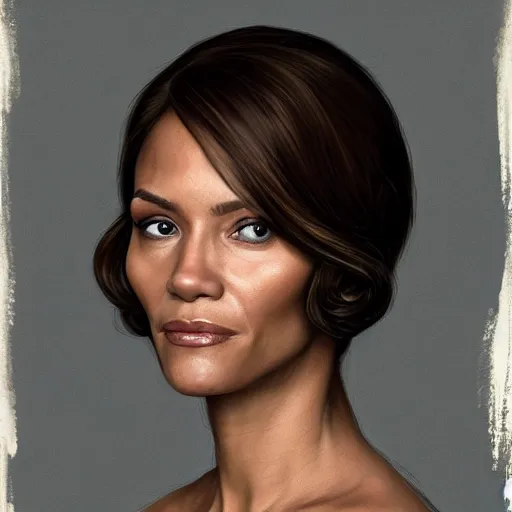 Image similar to portrait of maci holloway in the oval office, first woman elected as president in usa, cold but beautiful, about 3 5 years old, highly detailed, mix of halle berry and julia roberts, gong li, olga kurylenko, artstation hd, deviantart, by artgem, greg rutkowski
