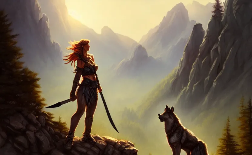 Prompt: a warrior resting axe on her shoulder standing next to a wolf, female, looking onto the horizon, fall, mountain landscape, portrait by magali villeneuve and ames jean and artgerm and greg rutkowski, 4 k, artstation, realistic, cinematic composition, d & d