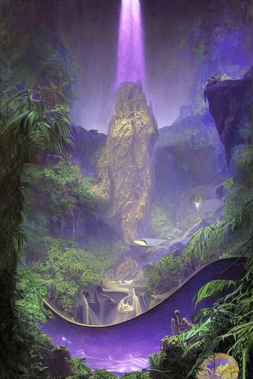 Image similar to Concept Digital Art Highly detailed Alien Art Deco Riza 4 lazy river inside of mount Vesuvius with glowing purple water at midnight, starfleet shore leave, by greg rutkowski, alphonse mucha, and Edmund Blair Leighton. Very highly detailed 8K, exquisite rendering, octane, drum scanner, Digital painting, the golden ratio, rational painting, sharp