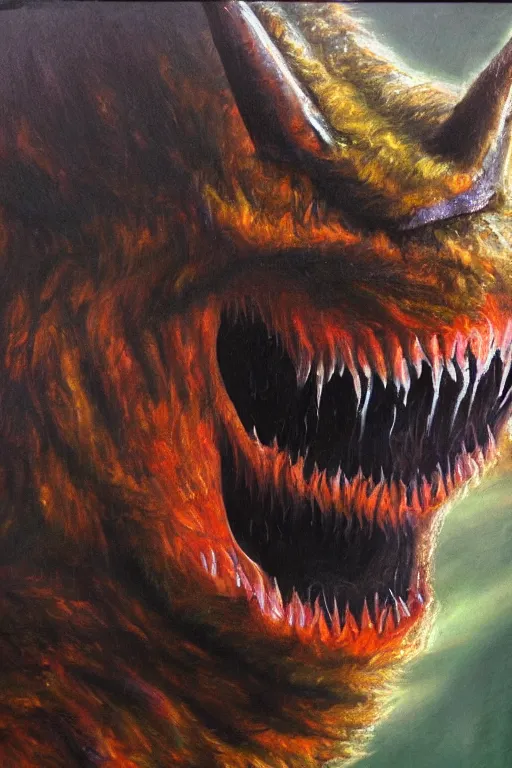 Image similar to oil painting, close-up, hight detailed, portrait of hell beast showing his teeths, in style of 80s sci-fi art