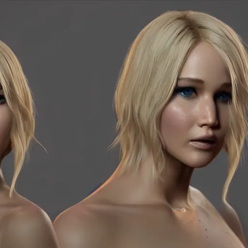 Image similar to Jennifer Lawrence, straight hairstyle, white eyes, blonde hair, realistic render, short hair, unreal engine render, Icaro Carvalho