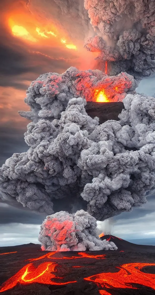 Prompt: huge storm on an erupting volcano, cyclone, rain, wind, lava, hyper realistic picture, hd