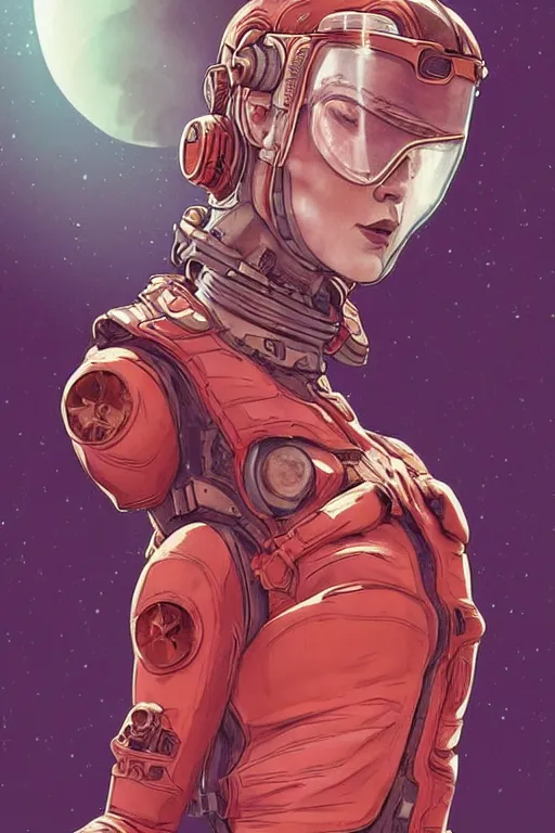 Prompt: tattooed stoic heroic emotionless butch blond woman engineer stranded on hostile dusty red alien planet, red dust storm, awkward and anxious, victorian goggles, very short slicked - back hair, by artgerm and moebius, ornate, stunning, nebula, explosions in the sky, trending on artstation