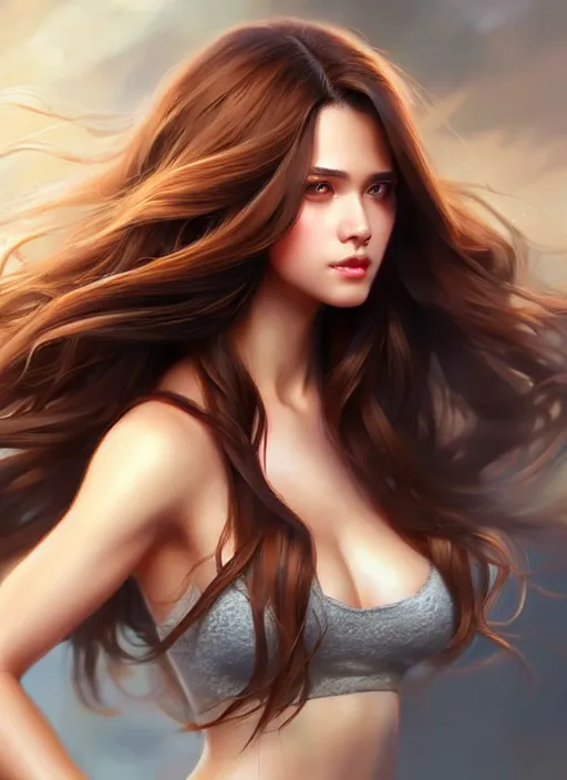 Prompt: a gorgeous female with long brown hair in the style of stefan kostic, realistic, full body shot, wide angle, sharp focus, 8 k high definition, insanely detailed, intricate, elegant, art by stanley lau and artgerm, floating embers