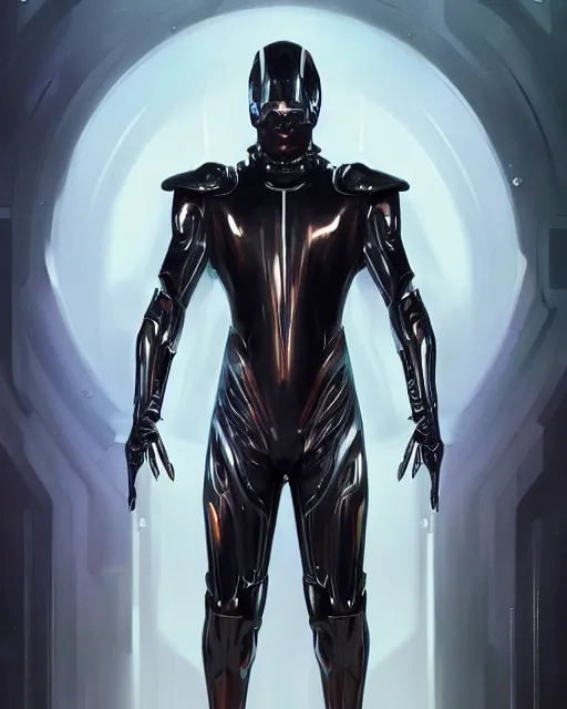 Prompt: iridescent sinewy smooth muscular male sleek glossy black pearlescent scifi armor with smooth black featureless helmet, by greg rutkowski, jim burns, tom bagshaw, magali villeneuve, trending on artstation