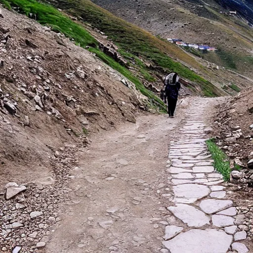 Image similar to POV: walking a dirt path in the tibetan mountains, manga art