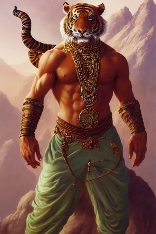 Prompt: full figure, beautiful fantasy character portrait, male martial artist, fit anthropomorphic tiger, dressed in fluent oriental pants, jeweled, mountain background, hyper realistic, highly detailed by peter mohrbacher, wayne barlowe, boris vallejo, paolo eleuteri serpieri