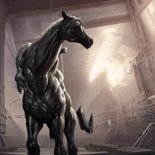 Prompt: splash art of a hulking muscular black - coated anthropomorphic horse supersoldier in a research facility, highly detailed, furry, furaffinity, exaggeratedly massive physique, digital painting, artstation, illustration, art by artgerm, greg rutkowski, sakimichan