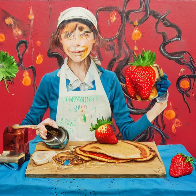 Image similar to a portrait in a dumpster, a woman holding pancakes, honey dripping, berries dripping, strawberries, scientific instruments, ikebana, octopus, neo - expressionism, surrealism, acrylic and spray paint and oilstick on canvas