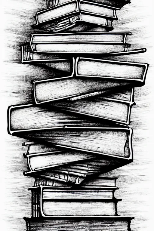 Prompt: stack of ancient books and skulls, art by m c escher, surreal black ink sketch, black and white, vector, vector art