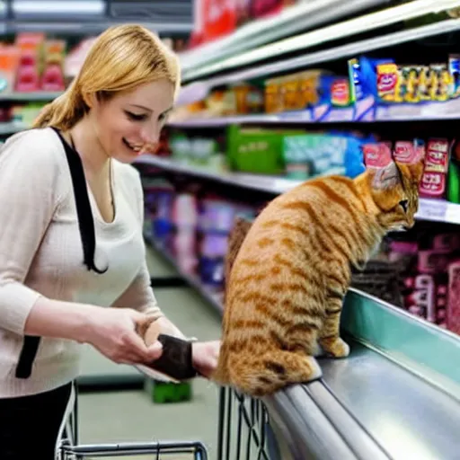 Prompt: a cat serving a customer at a checkout in a supermarket