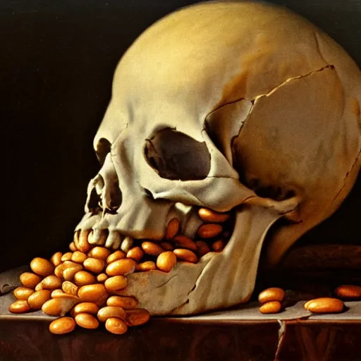 Image similar to Baroque still life painting of a skull overflowing with baked beans