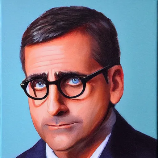 Prompt: Holy Steve Carell without glasses, oil painting