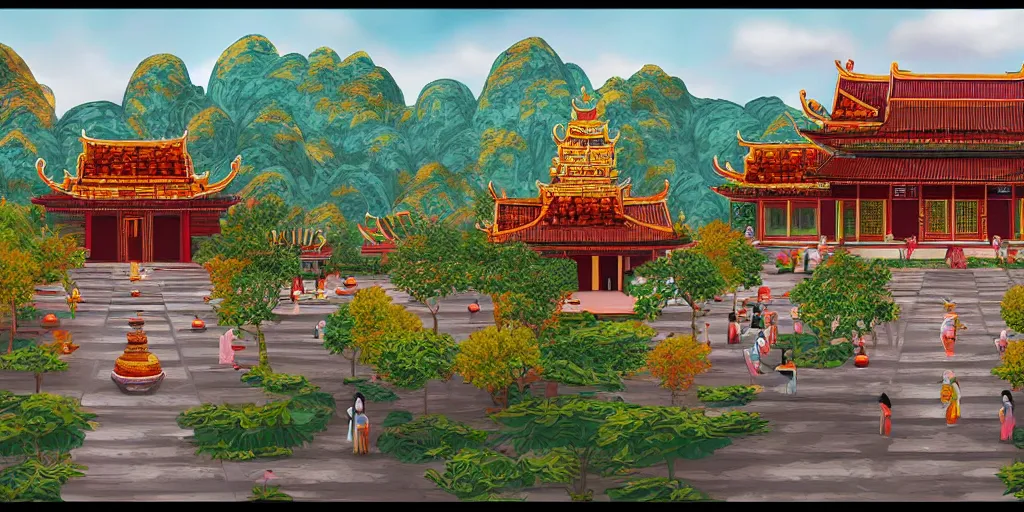 Image similar to vietnamese temple scene, 2 d game art background, level design, muted colors, in style of lam manh