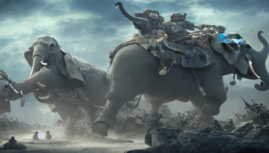 Image similar to matte painting of a beautiful fight scene of two warloads ride on their war - elephents in the center of the scene, digital art, trending on artstation