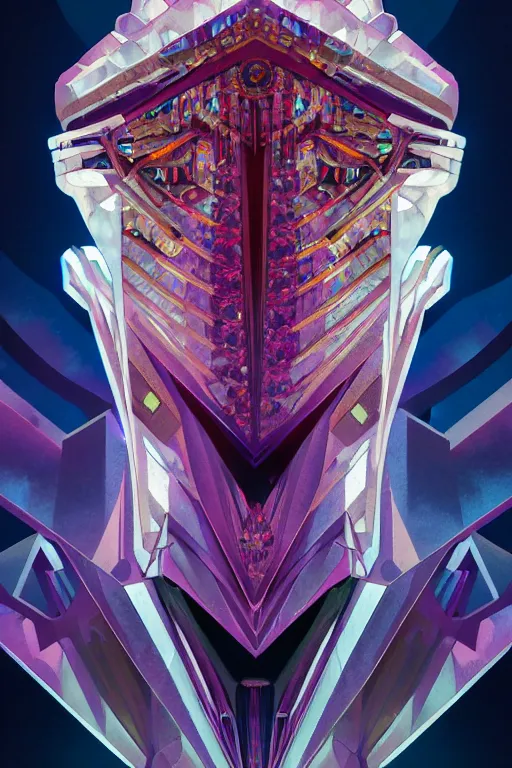 Image similar to hyperrealism, dreamland of chinese, ghost, sharp, slender and densely arranged teeth, futuristic, synthwave, art deco, expressive, dystopian, cyberpunk, mecha, halfturn portrait of a big crystal face made of crystals half - turn, ominous, intricate, oc rendered, art by alphonse mucha, concept art, 4 k, sharp focus