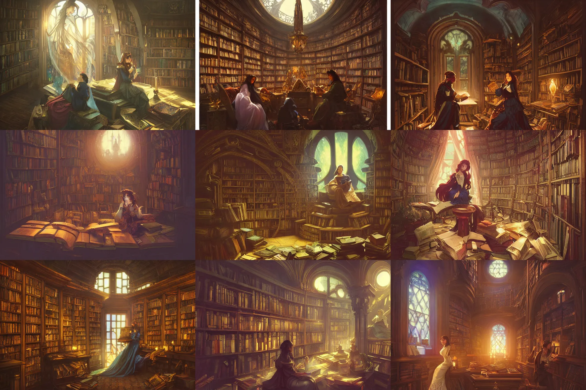 Prompt: a hyperrealistic render of a mystic magical library in the victorian era, outdoor, art by Artgerm and Greg Rutkowski and Alphonse Mucha, hearthstone art style, epic fantasty card game art, Beautiful dynamic dramatic moody lighting, shadows, cinematic, Octane, 8K