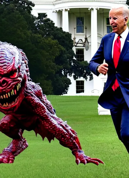 Image similar to joe biden is running terrified from a monster from predator that is chasing him on the white house lawn during a storm