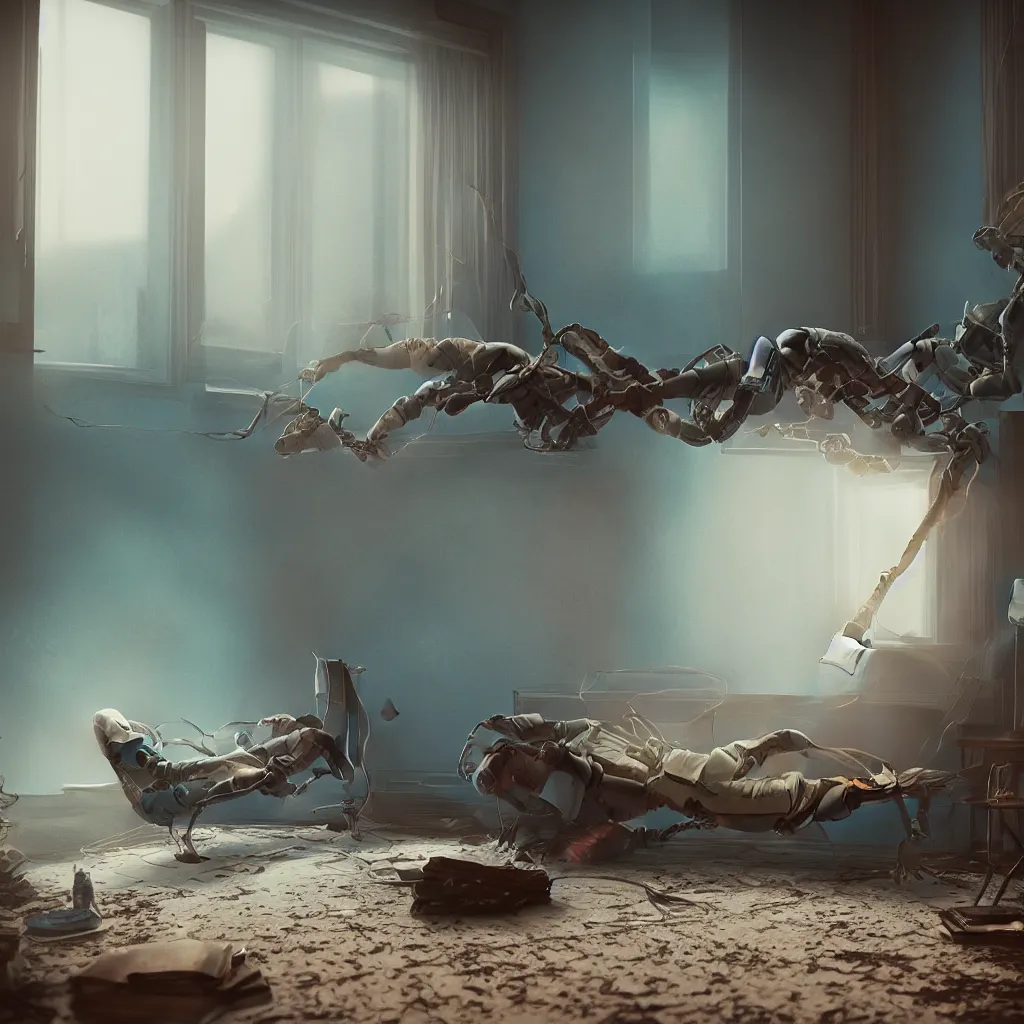 Image similar to intimate photograph of one single lone solitary cerulean and brown decaying futuristic robot lying on a frayed fainting couch in front of a beautiful fireplace with a cozy fire, in a dusty Victorian home, soft morning light seeping in a window, with cinematic lighting and lens flare, tall ceiling, octane render, cgsociety, by Simon Stalenhag and Rouhollah Toghyani and Sylvian Boussiron and Alfonso Cuaron, highly detailed closeup portrait, award-winning highly detailed 8k anamorphic closeup tight cinematic movie photograph