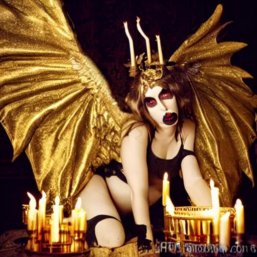 Image similar to gothic ritual with many golden candles, german shepherd with dragon wings in gothic makeup, gloomy, candlelight, intricate detail faces, fireplace photograph