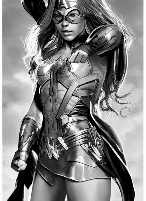Prompt: toned young april with a mischievous face and extremely long blonde wavy hair dressed as teen superhero, posing with hands behind back, captain america, wonder woman, intricate detailed face, artgerm, greg rutkowski, alphonse mucha