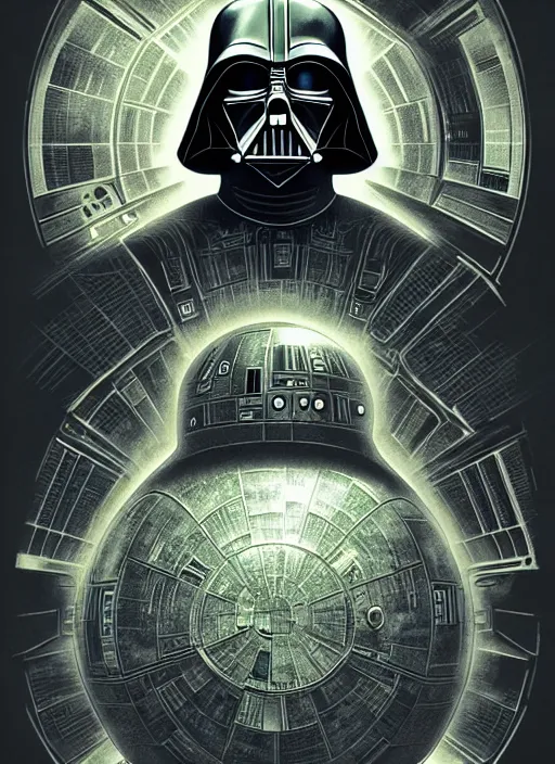 Image similar to platonic ideal luke skywalker, nazgul mandelbulb, deathstar, millenium falcon, detailed, darth vader, action pose, intricate, volumetric lighting, moebius, dan mumford, alphonse mucha, poster,