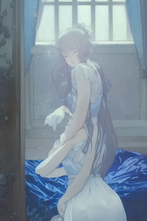 Image similar to a girl in a maid's outfit in the bedroom a night, raining outside the window, blue theme, wavy white long hair, by krenz cushart and mucha and akihito yoshida and greg rutkowski and makoto shinkai, 4 k resolution