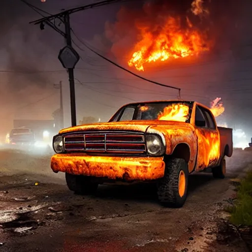 Image similar to photograph of a rusty dodge ram on fire in the street by simon stalenhag