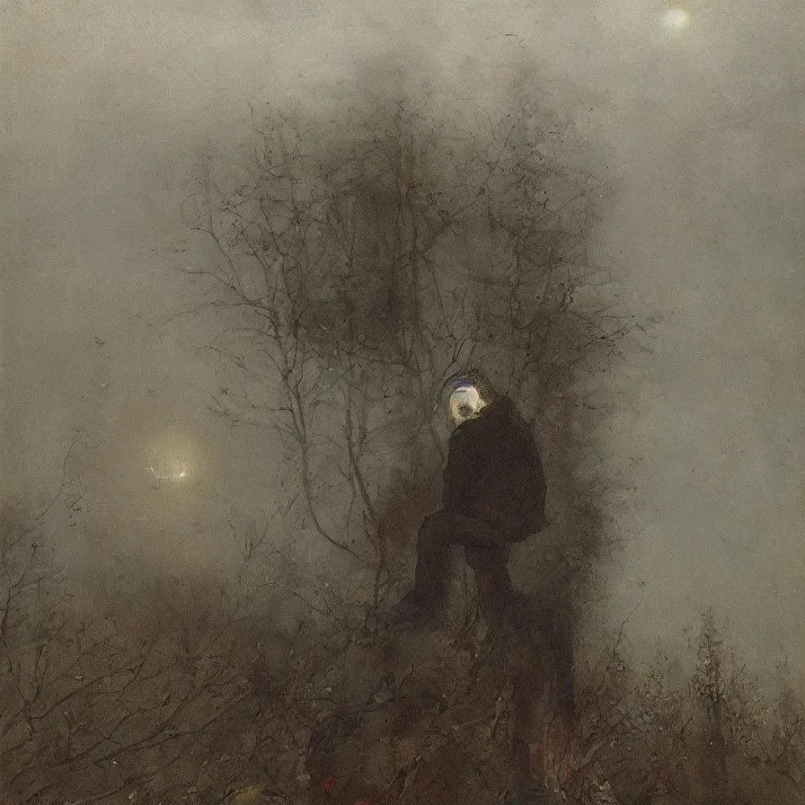 Image similar to artwork about a sad sphere - headed character, by viktor vasnetsov. atmospheric ambiance. depth of field and tridimensional perspective. foggy.