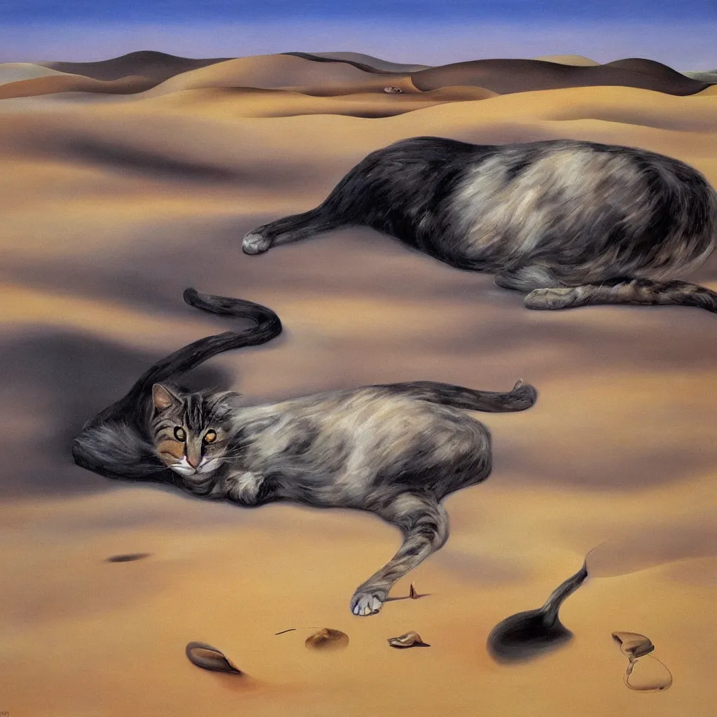 Image similar to an untradetailed oil painting of a melting cat lying on flowing desert, landscape with dunes and oasis far away, hyper realistic, magic, fantasy, by salvador dali