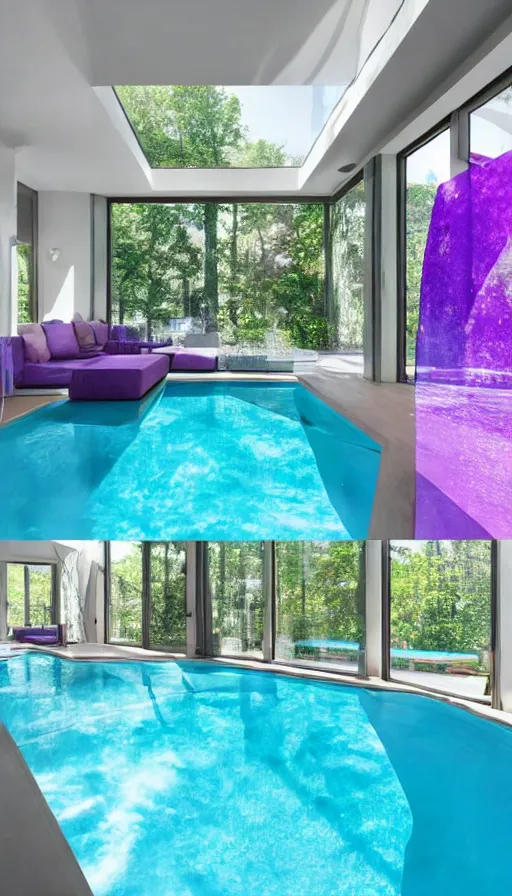 Image similar to A sunlit indoor lounge area with a pool with clear water and another pool with translucent purple water, next to a big window, 3D art