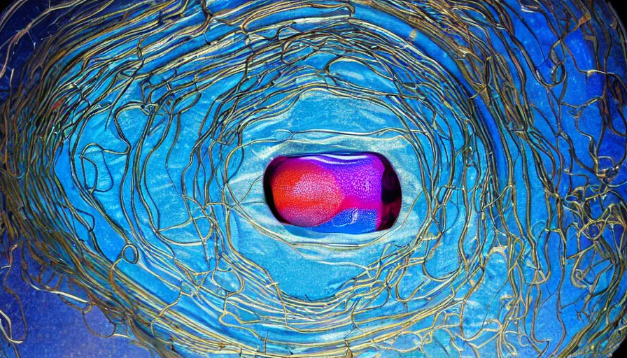 Image similar to fantastical, sweeping, metallic collage, painstakingly precise and meticulously delicate layers of mylar rainbow sculptures of a human squid embryo inside a copper sulphate sphere. perfect focus and discrete smooth bezier outlines. 3 5 mm film, flood lighting, museum display