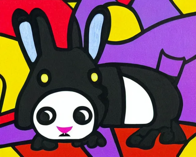 Prompt: a very cute netherland dwarf black bunny, art by romero britto