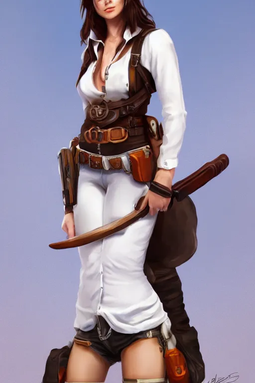 Image similar to full body, female cowgirl, perfect face, white blouse, empty gun holster, 8 k, magic the gathering, desert, d & d, artstation, high detail, smooth, muscular