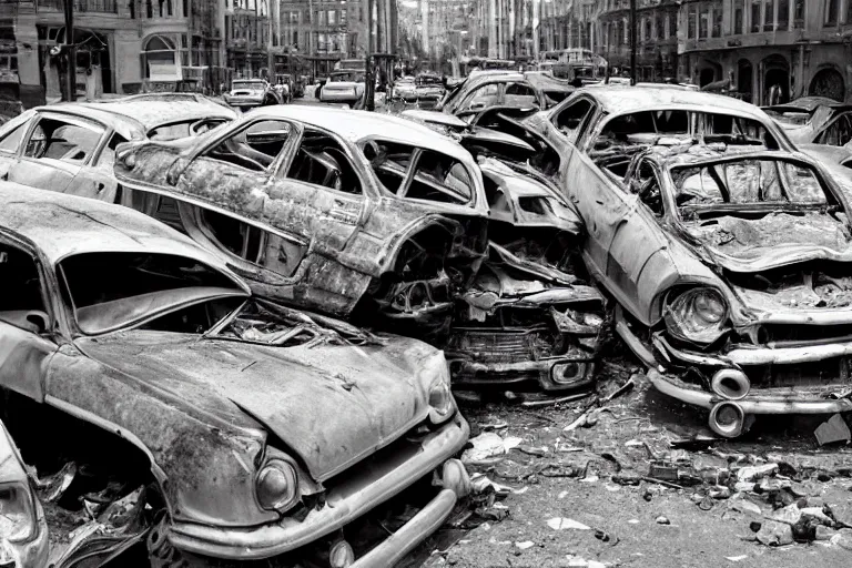 Image similar to pile of wrecked cars in the middle of the square, photo by John Free,