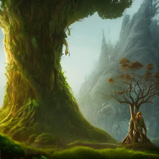 Prompt: gorgeous matte painting of ancient treant, talking tree with human face, 4 k resolution, octane rendering, trending on artstation