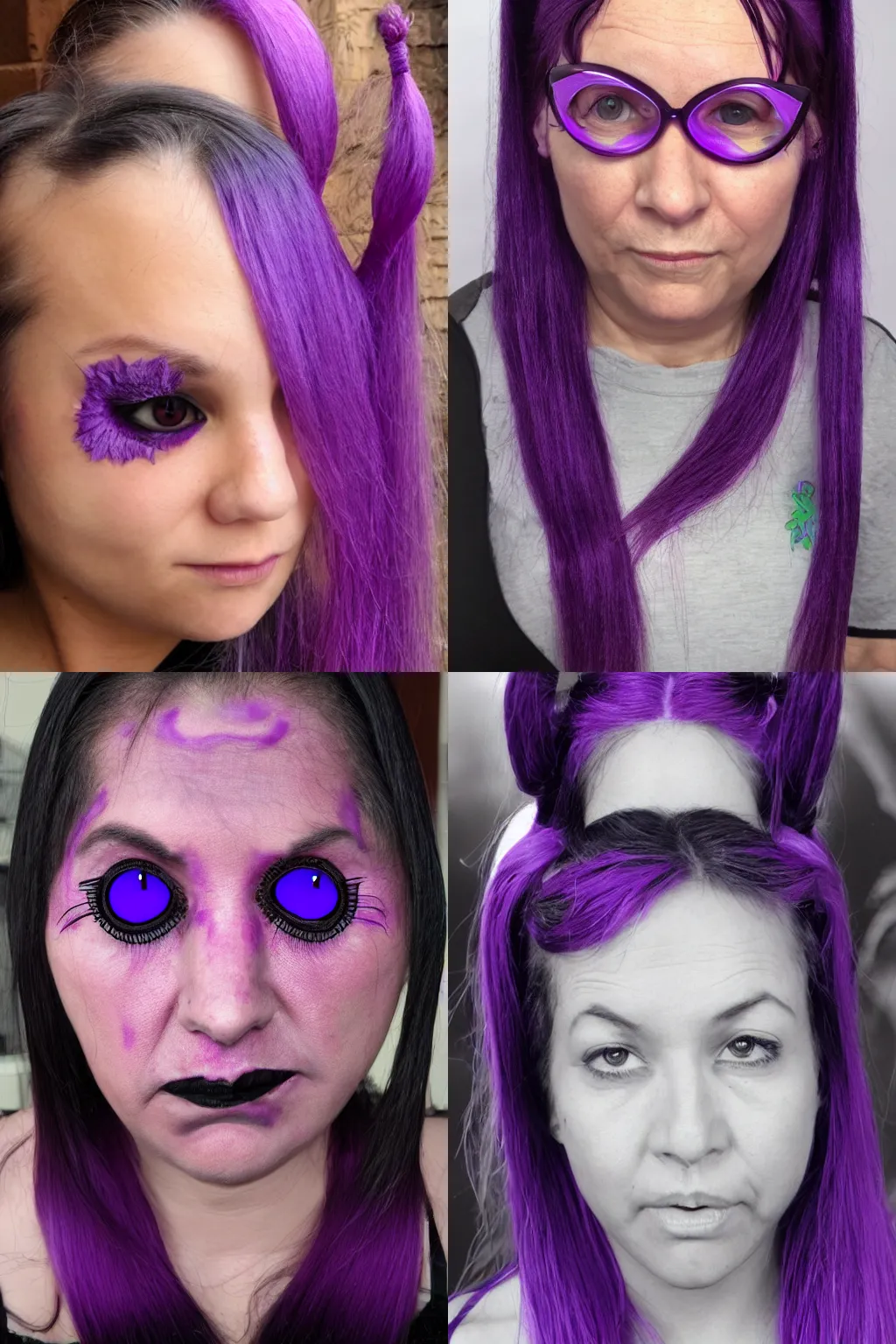 Prompt: Purple woman with 5 spider eyes and side pigtails