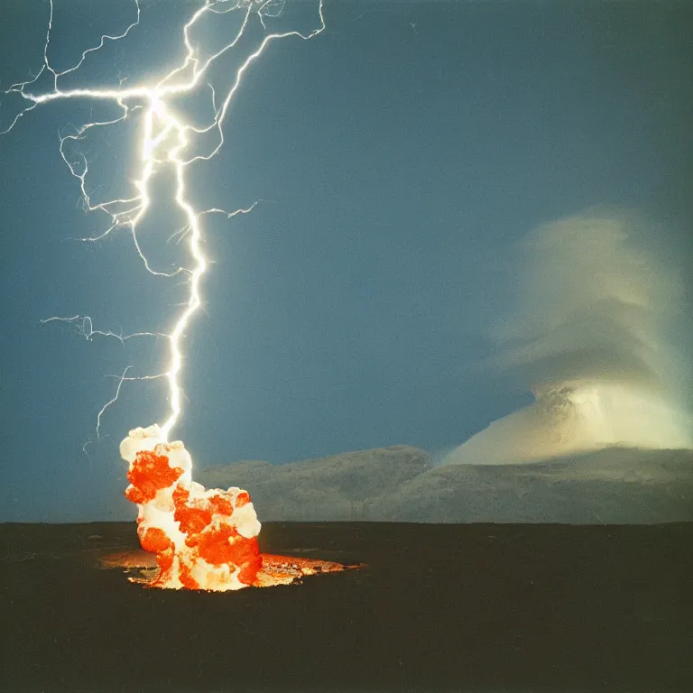 Prompt: A transparent glass Volcano violently spewing lava into space, The lava becomes lightning branching into the sky, dark background, photograph by William Eggleston