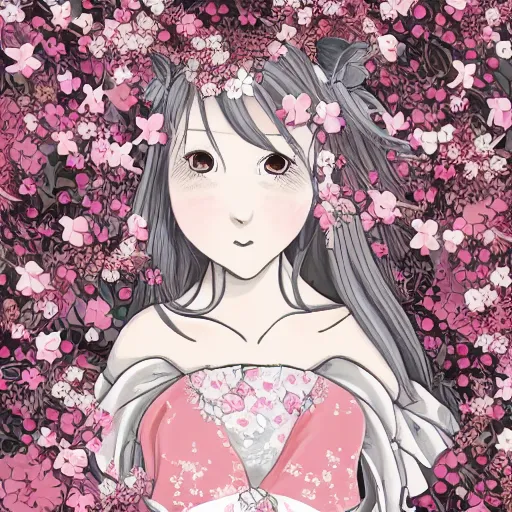Image similar to renaissance, manga portrait of a young lady pink cheeks wearing renaissance harajuku dress pale grey and white flowers, background chaotic flowers