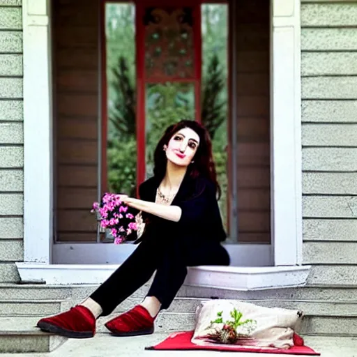 Image similar to a beautiful portrait of the turkish actress sumeyye aydogan, duy beni serial, sitting on the porch holding a flower, in front of the house