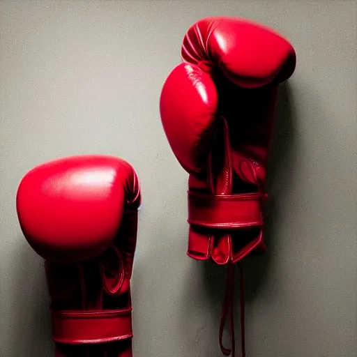 Image similar to “a pair of old red leather boxing gloves hanging on the wall in the corner of a dark gym, dimly lit”