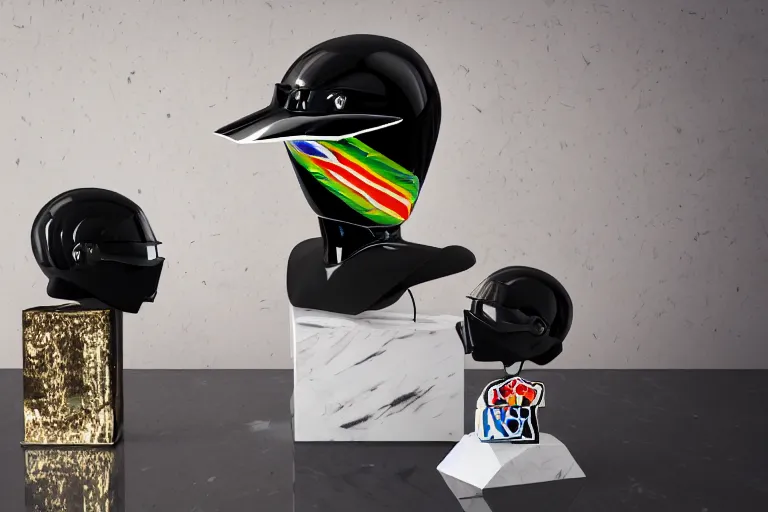 Prompt: photo of a glossy black marble statue of a girl with colorful motocross logos and motorcycle helmet with reflective mirrored visor, carved marble statue, fine art, in the style of virgil abloh, 8 k, 4 k, detailed, realistic, beautiful, symmetrical